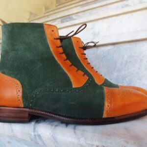 Handmade Men's Ankle High Leather Suede Tan Green Cap Toe Boot - leathersguru