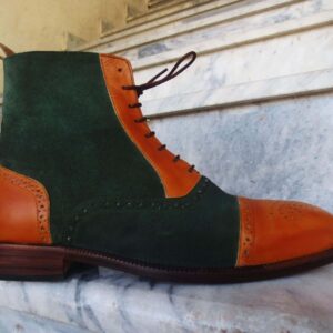 Handmade Men's Ankle High Leather Suede Tan Green Cap Toe Boot - leathersguru