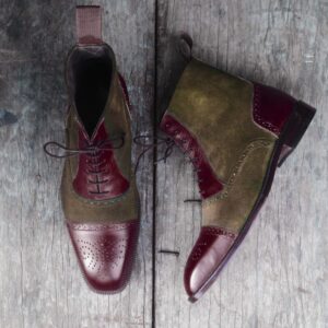 Bespoke Two Tone Leather Suede Ankle Cap Toe Lace Up Boot - leathersguru