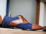 Handmade Blue Brown Cap Toe Leather Suede Shoes, Men's Dress Shoes