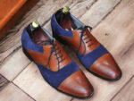 Handmade Blue Brown Cap Toe Leather Suede Shoes, Men's Dress Shoes