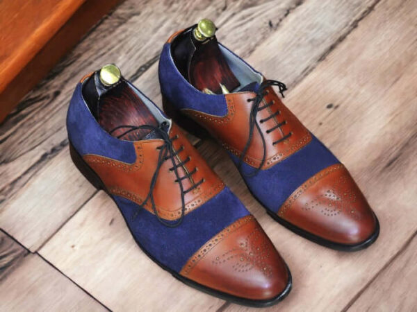 Handmade Blue Brown Cap Toe Leather Suede Shoes, Men's Dress Shoes