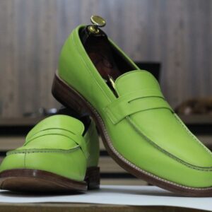 Handmade Green Penny Loafer Leather Shoes, Slip On Casual Moccasin Shoes