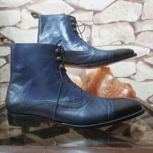 Handmade Men's Blue Black Ankle High Leather Cap Toe Boot - leathersguru
