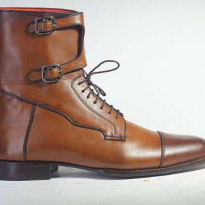 Bespoke Brown Leather Ankle High Monk Strap Lace Up Boots - leathersguru