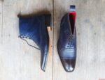 Handmade Men's Blue Black Ankle High Leather Cap Toe Boot - leathersguru