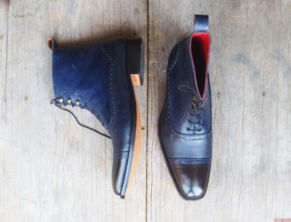 Handmade Men's Blue Black Ankle High Leather Cap Toe Boot - leathersguru