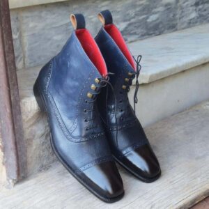 Handmade Men's Blue Black Ankle High Leather Cap Toe Boot - leathersguru