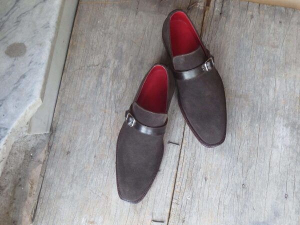 Handmade Men's Suede Dark Brown Monk Strap Shoes - leathersguru