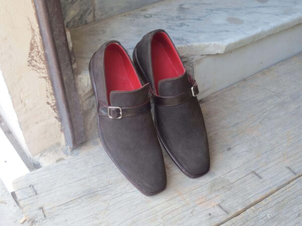 Handmade Men's Suede Dark Brown Monk Strap Shoes - leathersguru