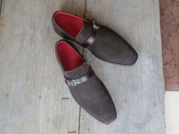 Handmade Men's Suede Dark Brown Monk Strap Shoes - leathersguru