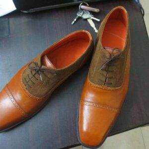 Suede Leather Cap Toe Formal Shoes, Men's Brown Lace Up Shoes - leathersguru