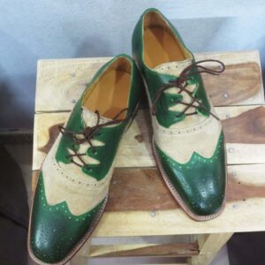 Bespoke Green Beige Leather Suede Wing Tip Shoe for Men - leathersguru