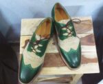 Men's Beige Green Leather Suede Wing Tip Brogue Shoes - leathersguru