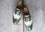 Men's Beige Green Leather Suede Wing Tip Brogue Shoes - leathersguru