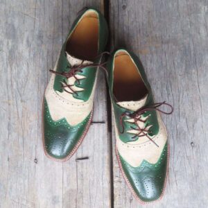 Men's Beige Green Leather Suede Wing Tip Brogue Shoes - leathersguru