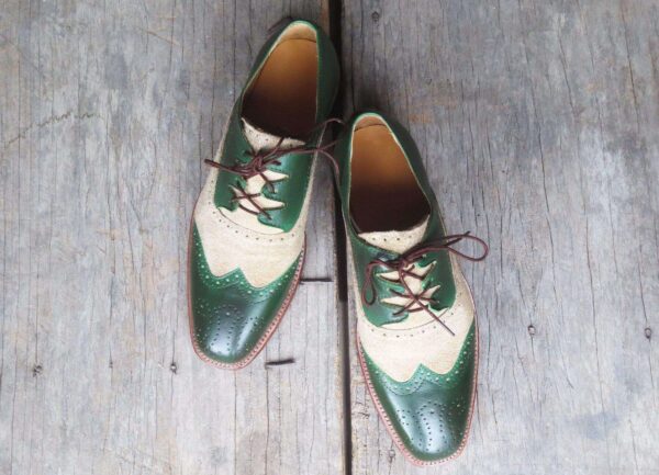 Men's Beige Green Leather Suede Wing Tip Brogue Shoes - leathersguru