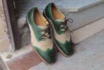 Men's Beige Green Leather Suede Wing Tip Brogue Shoes - leathersguru
