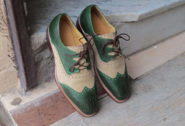 Men's Beige Green Leather Suede Wing Tip Brogue Shoes - leathersguru