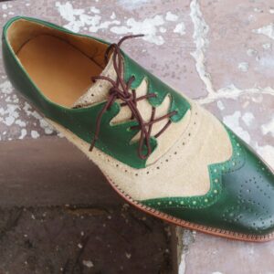 Bespoke Green Beige Leather Suede Wing Tip Shoe for Men - leathersguru