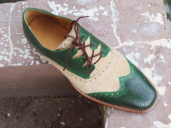 Men's Beige Green Leather Suede Wing Tip Brogue Shoes - leathersguru