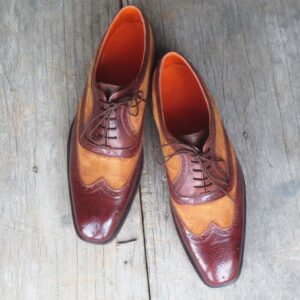 Bespoke Brown & Tan Leather Suede Wing Tip Lace Up Shoe for Men - leathersguru