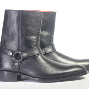 Bespoke Black Leather Mat-rid Strap High Ankle Boots - leathersguru