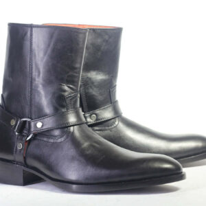 Bespoke Black Leather Mat-rid Strap High Ankle Boots - leathersguru