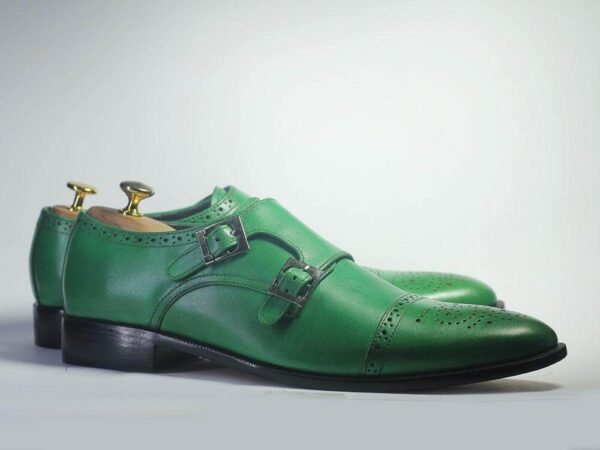 Bespoke Green Leather Double Monk Strap Shoe for Men - leathersguru