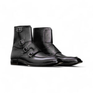 Bespoke Black Leather High Ankle Monk Strap Boots - leathersguru