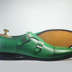 Bespoke Green Leather Double Monk Strap Shoe for Men - leathersguru