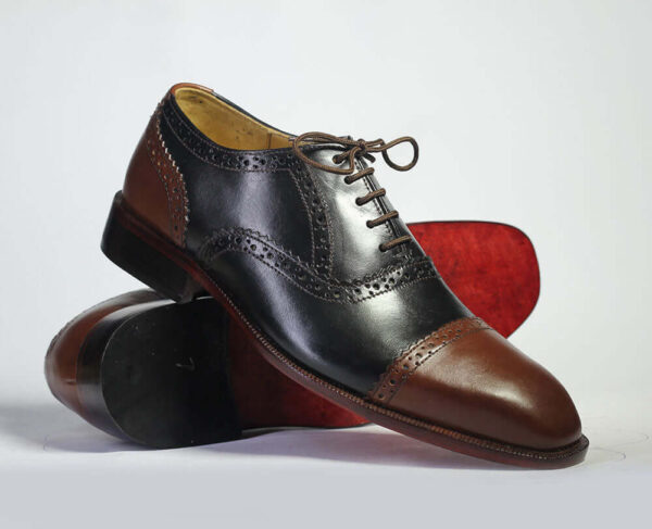 Bespoke Brown Black Leather Cap Toe Lace up Shoe for Men - leathersguru