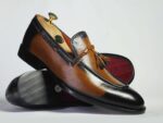 Bespoke Tan Black Tussle Loafer Leather  Shoes for Men's - leathersguru