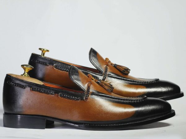 Bespoke Tan Black Tussle Loafer Leather  Shoes for Men's - leathersguru