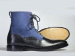 Bespoke Black Blue Leather Suede Ankle High Lace Up Boots - leathersguru