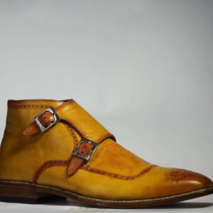 Handmade Ankle Tan Double Monk Leather Boots - leathersguru