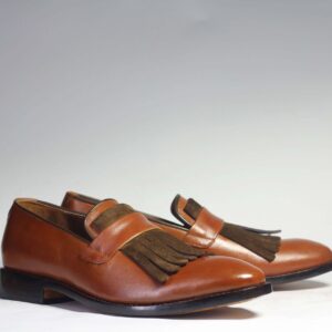 Bespoke Brown Leather Fringe Loafer Shoe for Men - leathersguru