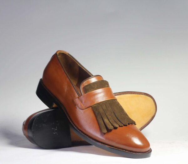 Bespoke Brown Leather Fringe Loafer Shoe for Men - leathersguru