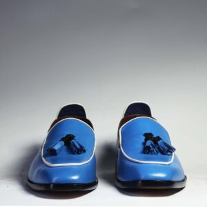 Bespoke Sky Blue Leather Tussle Loafer Shoes for Men's - leathersguru