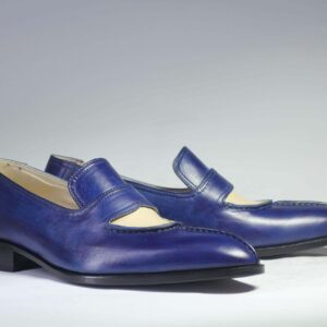 Men's White Blue Split Toe Leather Loafers - leathersguru