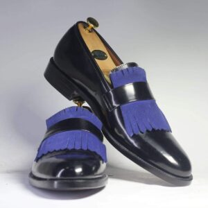 Men's Black Blue Fringe Leather Penny Loafers - leathersguru