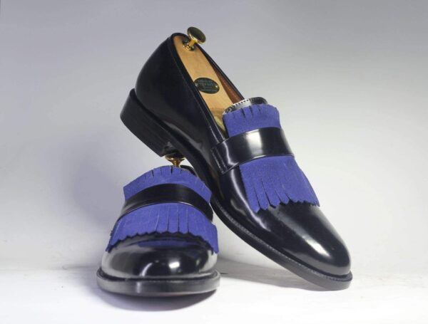 Men's Black Blue Fringe Leather Penny Loafers - leathersguru