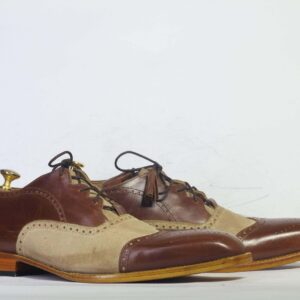 Men's Beige Brown Wing Tip Leather Suede Shoes - leathersguru