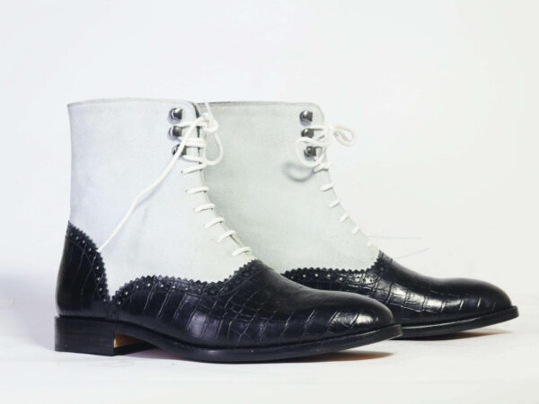 Men's Ankle White & Black Alligator Leather Suede Boot - leathersguru