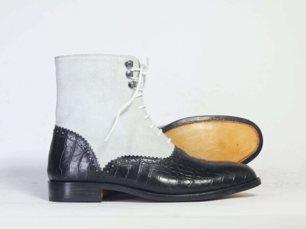 Men's Ankle White & Black Alligator Leather Suede Boot - leathersguru