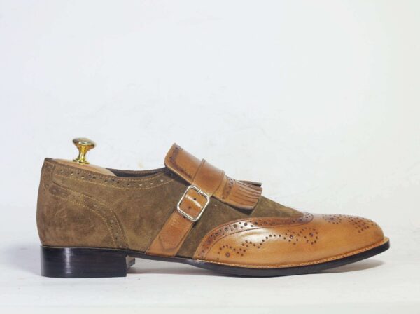 Men's Brown Fringe Monk Straps Leather Suede Shoe - leathersguru