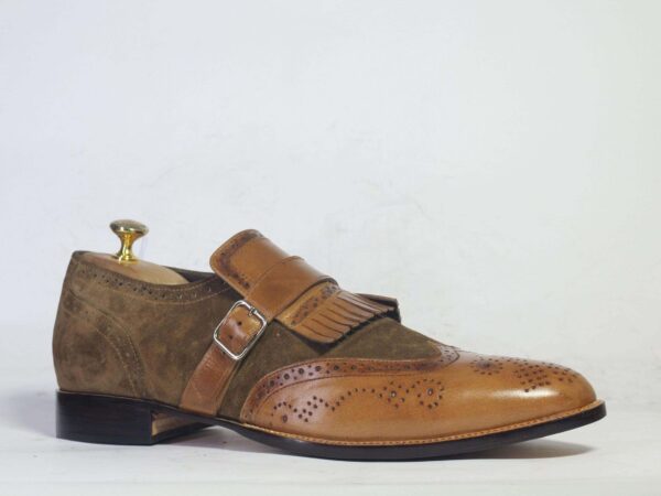 Men's Brown Fringe Monk Straps Leather Suede Shoe - leathersguru