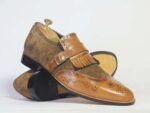 Men's Brown Fringe Monk Straps Leather Suede Shoe - leathersguru