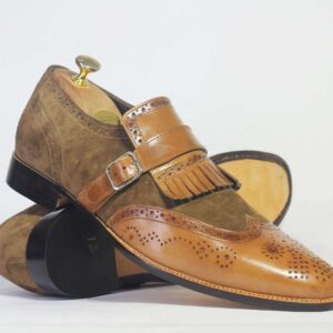 Men's Brown Fringe Monk Straps Leather Suede Shoe - leathersguru