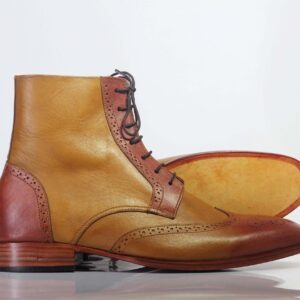 Bespoke Brown Tan Leather Ankle Wing Tip Lace Up Boots - leathersguru